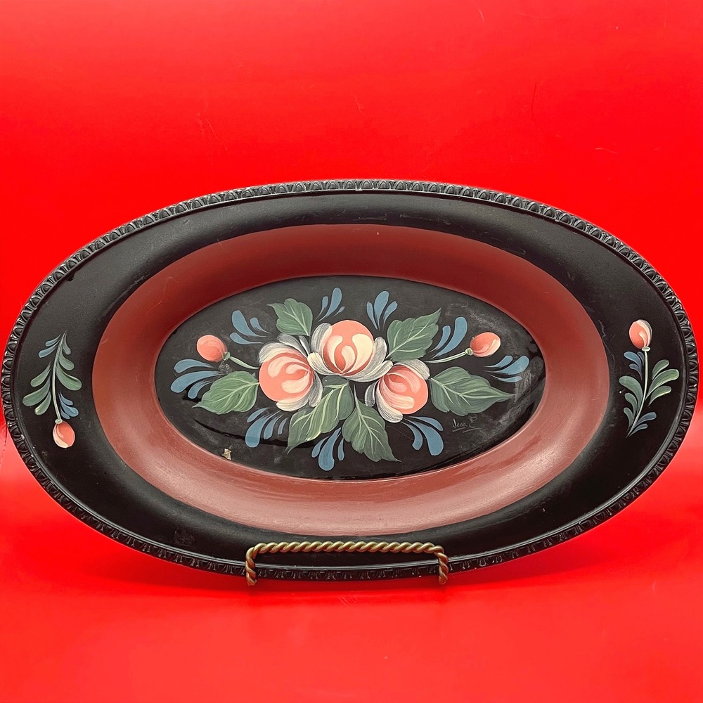 Vintage Poole Silver Co Hand Painted Floral Toleware Oval Platter Black Folk Art